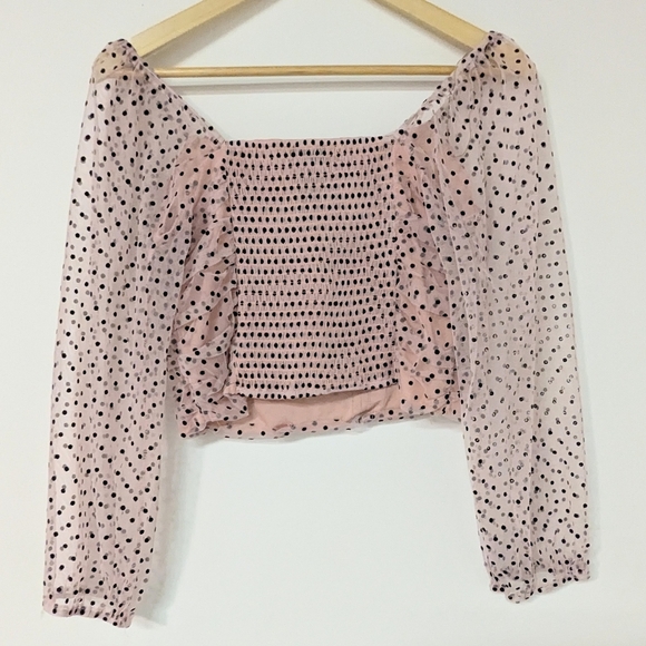 🟡 7. Cotton Linen Blend Soft Pink Polka Dot  Crop Top Sheer Sleeves - Picture 3 of 9